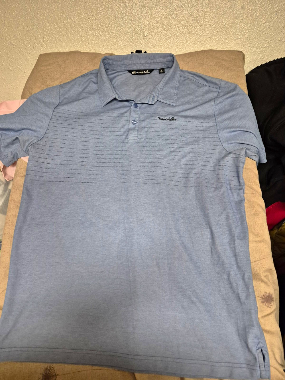 TravisMathew Polo Shirt Mens (L) Blue Striped Logo Button Collar Short Sleeve